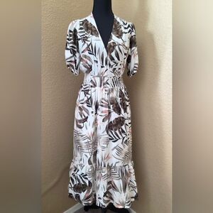 Old Navy Tropical Palm Midi Dress V-neckline, Puff sleeves, Smocked Empire Waist